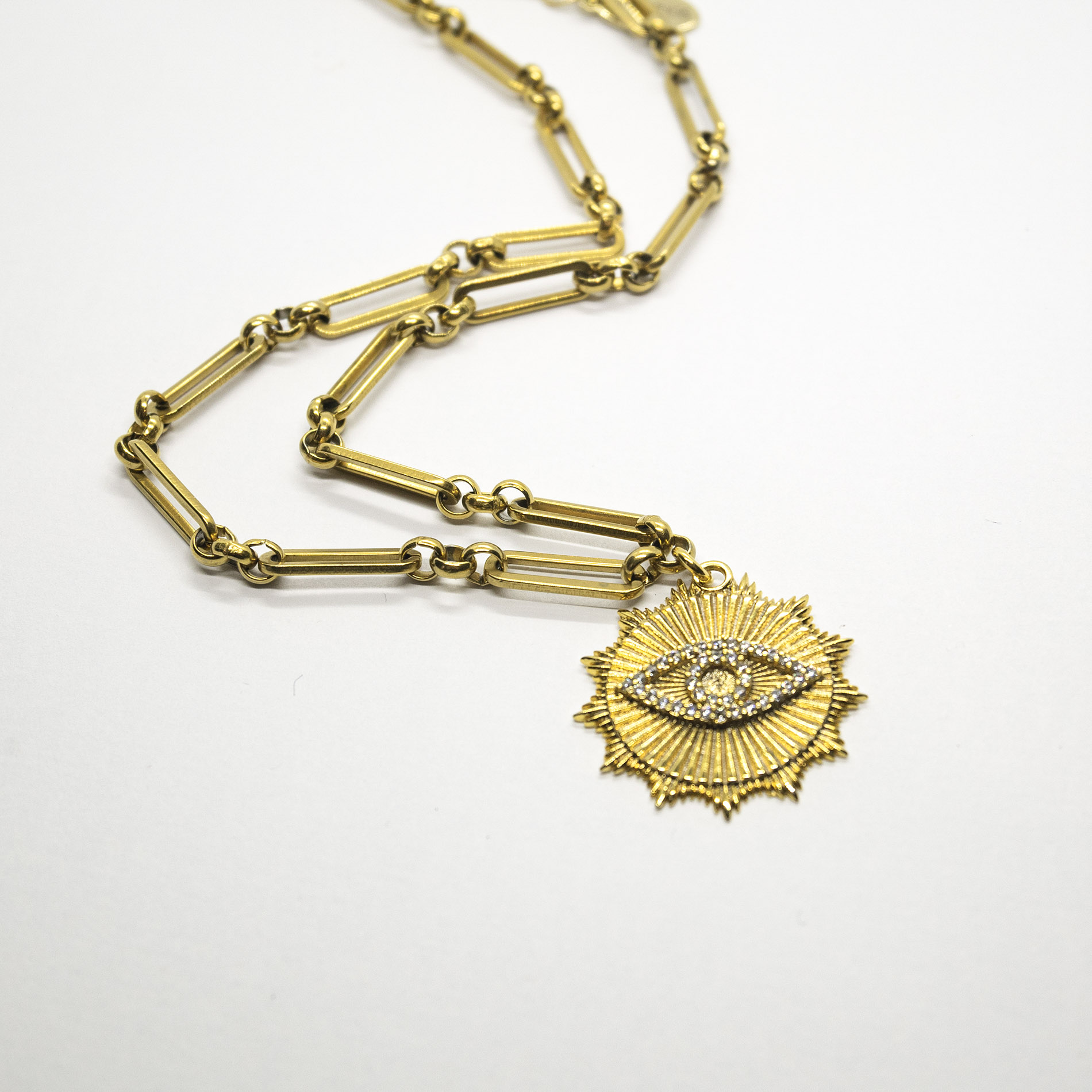 Necklace with stainless steal gold chain & gold plated evil eye zircon pendant.